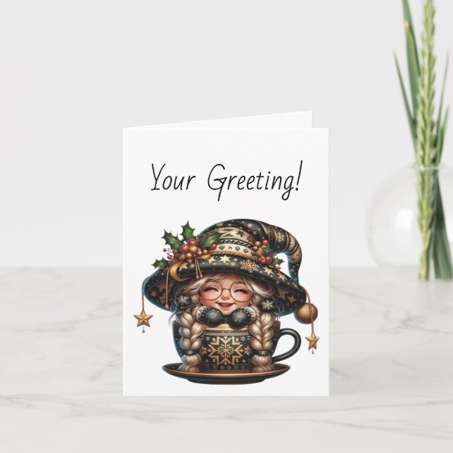 Tarjeta Festiva Crea tu propia Copa de Té Gnome Navidades mágicos (Anverso)