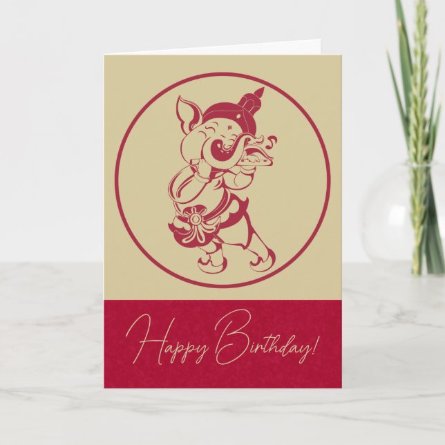 Tarjeta Festiva Crea tu propia flauta de ganesh roja y dorada (Anverso)