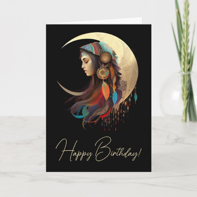 Tarjeta Festiva Crea tu propia luna de luna de boho y plumas (Anverso)