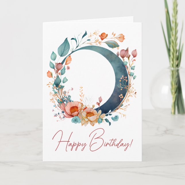 Tarjeta Festiva Crea tu propia luna floral rosa y dorada (Anverso)