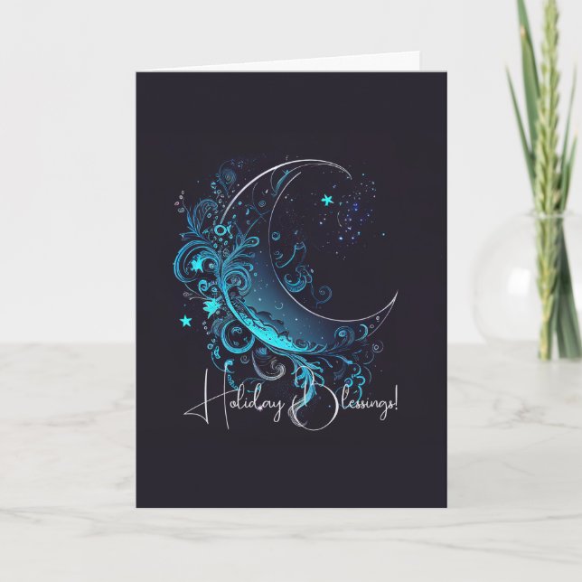 Tarjeta Festiva Crea tu propia luna mágica de plata y azul (Anverso)