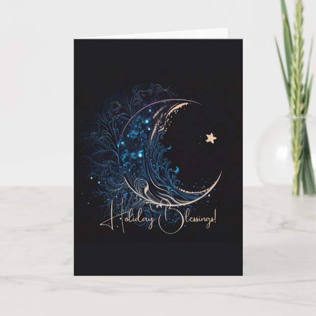 Tarjeta Festiva Crea tu propia luna mística azul y dorada (Anverso)