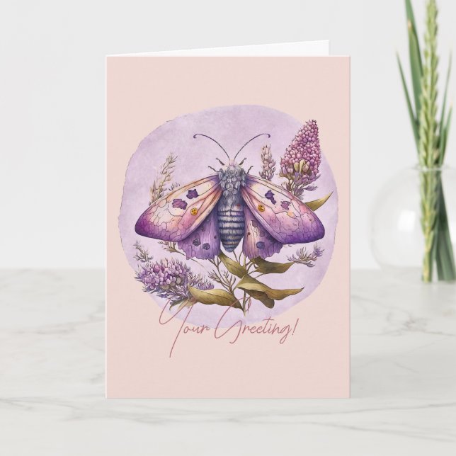 Tarjeta Festiva Crea tu propia polilla púrpura y flores silvestres (Anverso)