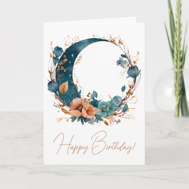 Tarjeta Festiva Crea tu propio Boho Verde azulado y Luna Floral de (Anverso)