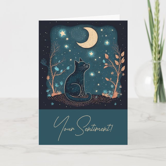 Tarjeta Festiva Crea tu propio gato negro místico y flores silvest (Anverso)
