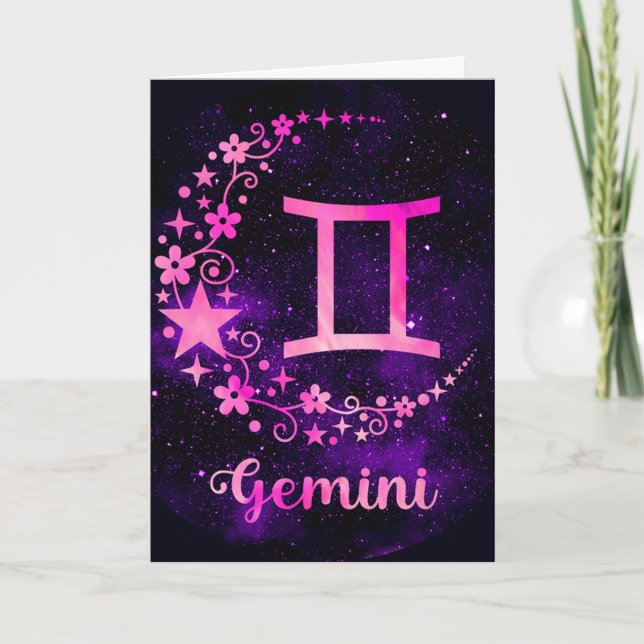 Tarjeta Festiva Crea tu propio Gemini Celestial Púrpura Zodiac (Anverso)