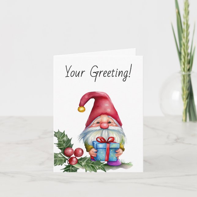 Tarjeta Festiva Crea tu propio Gnome de Navidades presentes en azu (Anverso)