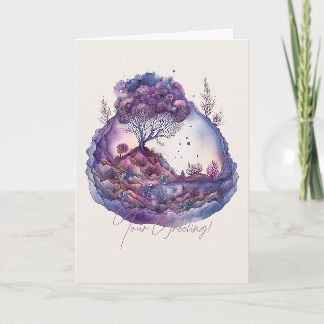 Tarjeta Festiva Crea tu propio paisaje de fantasía púrpura (Anverso)