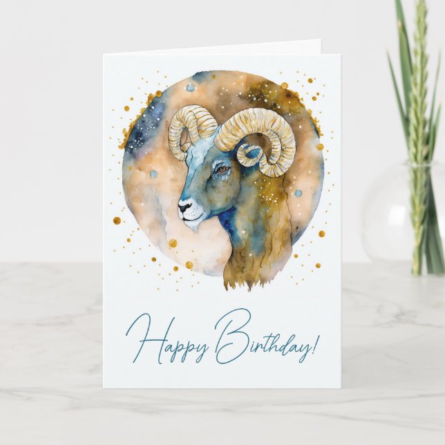 Tarjeta Festiva Crea tu propio Zodiac de Oro y Aries Azules (Anverso)