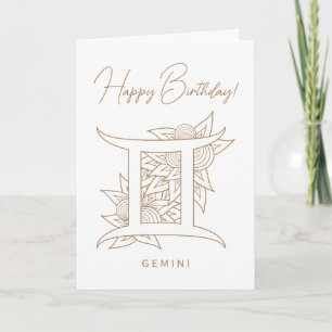 Tarjeta Festiva Crea tu propio Zodiac Gemini Oro y Blanco Elegante