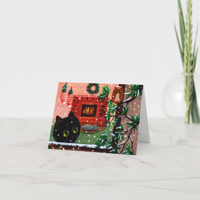 Tarjeta Festiva Creaciones de búhos gatos Navidades con ojos grand (Anverso)