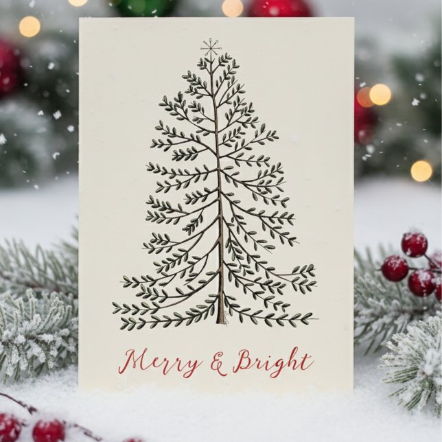 Tarjeta Festiva Cream Festive Merry Christmas WinTree (Merry and Bright Christmas Card in Ivory. Hand Drawn Simple Winter Tree Illustration in Black Ink)