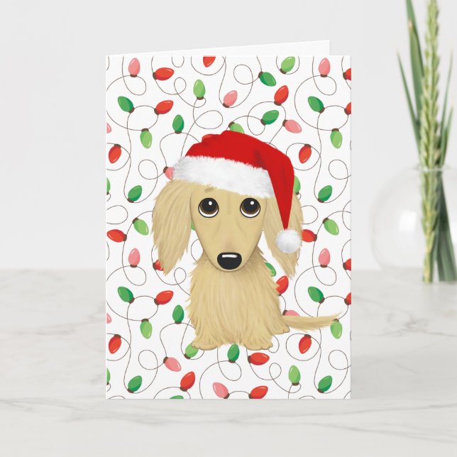 Tarjeta Festiva Cream Longhaded Dachshund Santa Dog Navidades (Anverso)