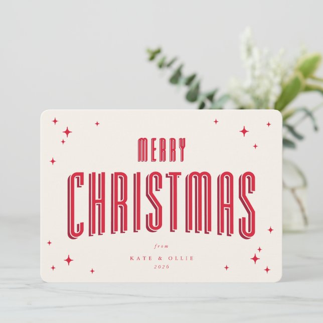 Tarjeta Festiva Cream+Red Merry Christmas Retro Stars Flat (Anverso de pie)