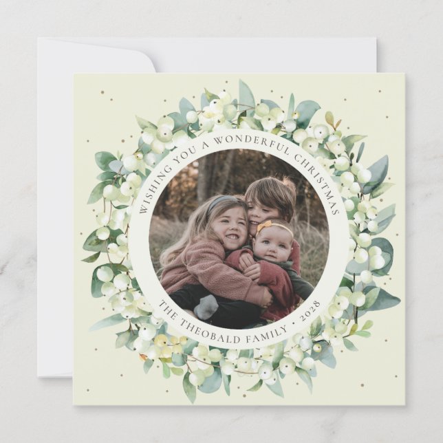 Tarjeta Festiva Cream Round/Square Snowberry+Eucalyptus Photo (Anverso)