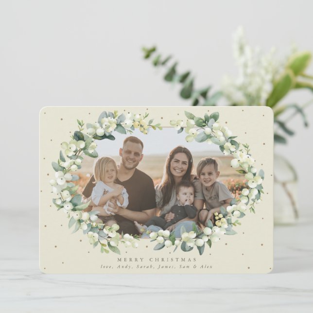 Tarjeta Festiva Cream Snowberry + Eucalyptus Navidades Foto (Anverso de pie)