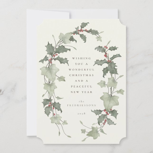 Tarjeta Festiva Cream Watercolor Holly & Ivy (Anverso)