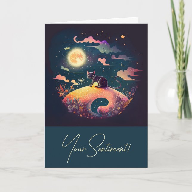 Tarjeta Festiva Crear su propio paisaje místico de gato negro (Anverso)