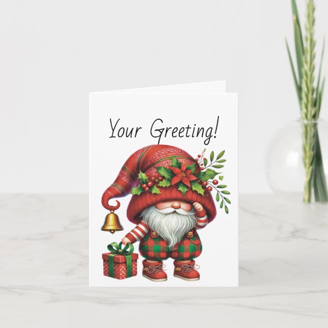 Tarjeta Festiva Crear sus propios Navidades Plaid Gnome Poinsettia (Anverso)