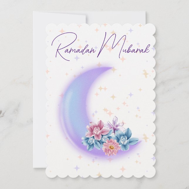 Tarjeta Festiva Creciente floral suave Ramadán islámico Mubarak (Anverso)