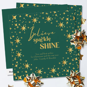 Tarjeta Festiva Cree Destello Brillo Elegante Estrellas Verdes y D