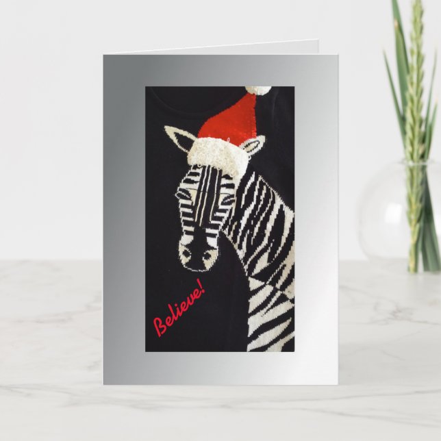 Tarjeta Festiva ¡Creed! Navidades Zebra con Red Santa Hat (Anverso)