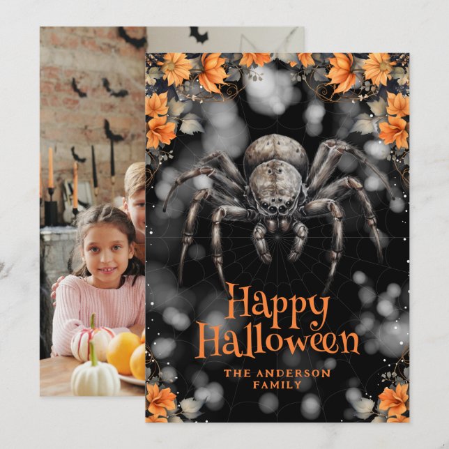 Tarjeta Festiva Creeping Spider Floral Photo Happy Halloween Card (Anverso / Reverso)