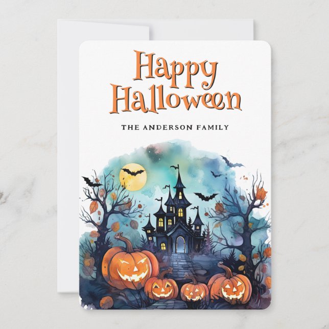 Tarjeta Festiva Creepy Spooky Jack O'Lanterns Bats Halloween Card (Anverso)