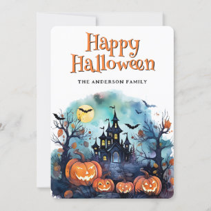Tarjeta Festiva Creepy Spooky Jack O'Lanterns Bats Halloween Card