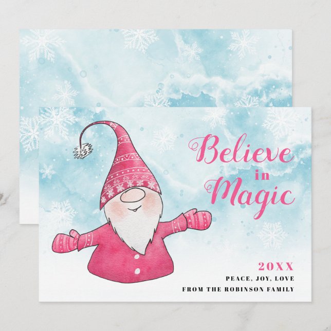 Tarjeta Festiva Creer en los Navidades Blue Snowy Gnome mágico ros (Anverso / Reverso)