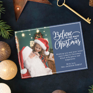Tarjeta Festiva Creer en Navidades magia 2 fotos familiares azul