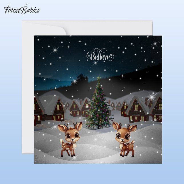 Tarjeta Festiva Creer Navidades Nieve Invierno Escenario 🦌 Wonder ("Believe" Personalizable holiday card, Merry Christmas and Happy New Year Xmas Deer Village 🦌🎄❄️)