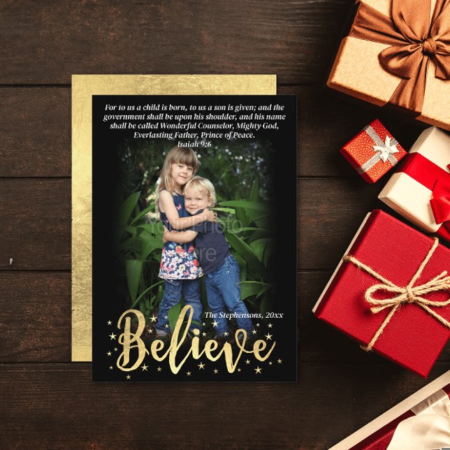 Tarjeta Festiva Creer Oro Biblia Religiosa Verse Foto (believe christian religious bible verse photo christmas card)