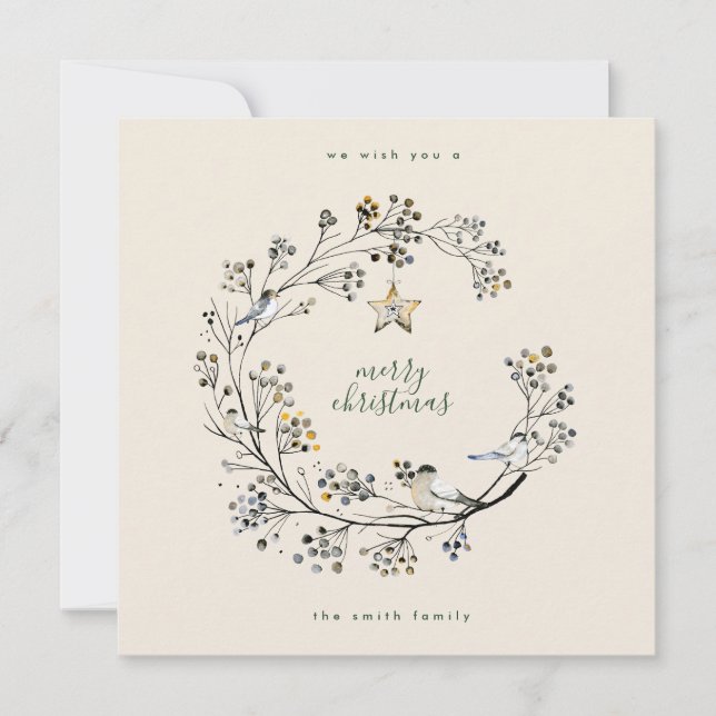 Tarjeta Festiva Crema de invierno y guirnalda verde para navidades (Anverso)