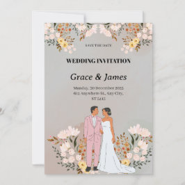 Tarjeta Festiva Crema novia y novio flores acuáticas boda