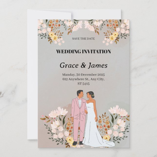 Tarjeta Festiva Crema novia y novio flores acuáticas boda (Anverso)