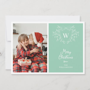 Tarjeta Festiva Crest clásico moderno verde menta y blanco 2 fotos