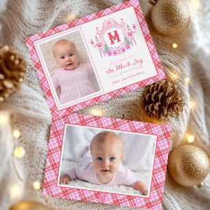 Tarjeta Festiva Crest de Monograma de Elfa Niña con Acuarela Rosa