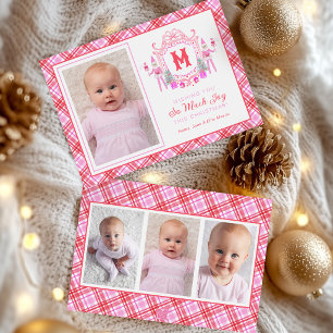 Tarjeta Festiva Crest de Monograma de Elfa Niña con Acuarela Rosa