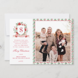 Tarjeta Festiva Crest Floral Grandmillennial | Monograma de Navida