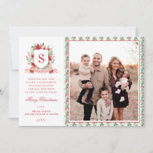 Tarjeta Festiva Crest Floral Grandmillennial Monograma de Navida