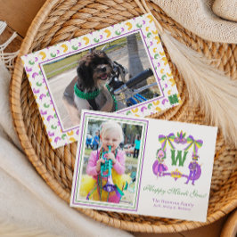 Tarjeta Festiva Crest Monograma de Mardi Gras en Acuarela Foto