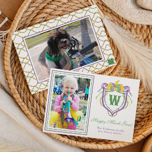 Tarjeta Festiva Crest Monograma de Mardi Gras en Acuarela Foto