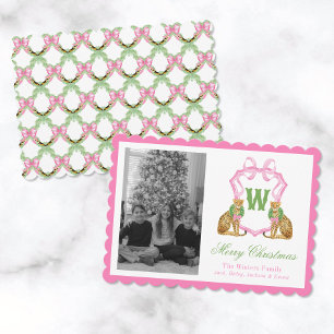 Tarjeta Festiva Crest Monograma Leopardo Preppy Acuarela Foto