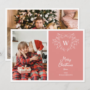 Tarjeta Festiva Cresta clásica moderna rosa y blanca 2 fotos