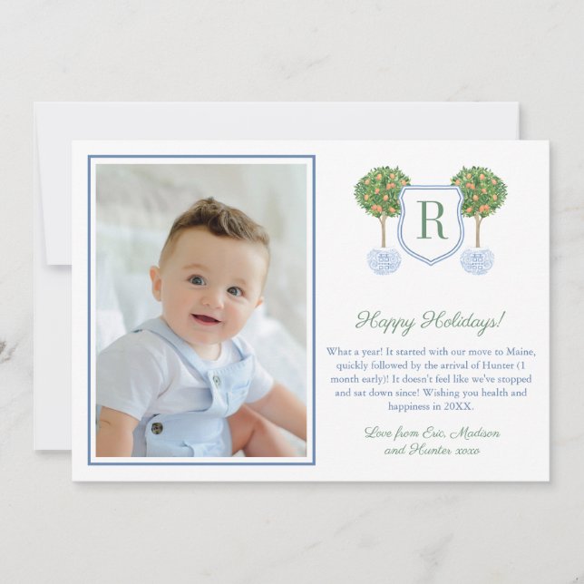 Tarjeta Festiva Cresta de Monograma de Felices Fiestas de Citrus (Anverso)