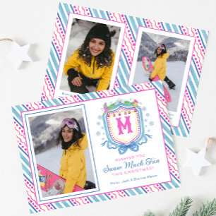 Tarjeta Festiva Crestón Monograma de Esquí Chic Acuarela