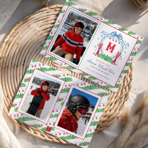 Tarjeta Festiva Crestón Monograma de Gondola de Esquí Acuarela