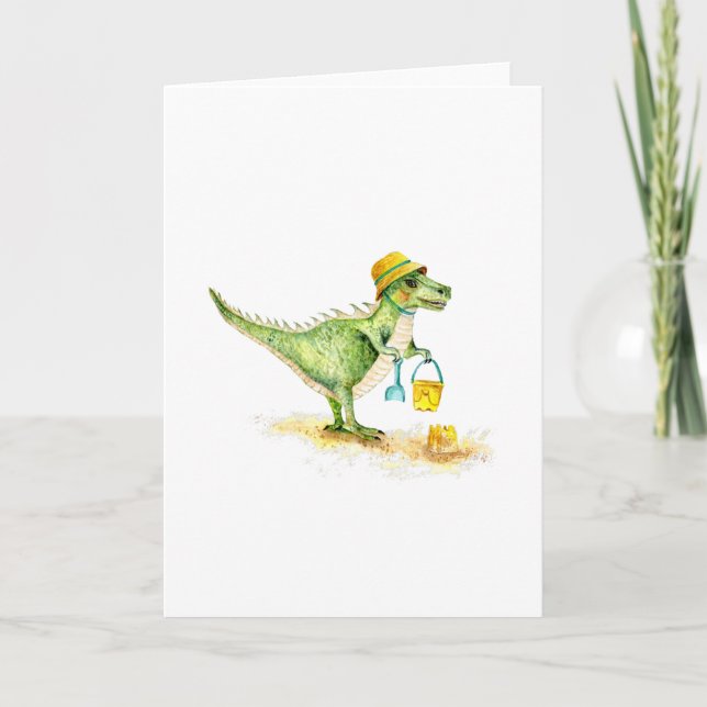 Tarjeta Festiva Cría Dinosaurio T-Rex en la playa (Anverso)