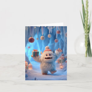 Tarjeta Festiva Criatura adorable de Yeti esponjoso celebrando
